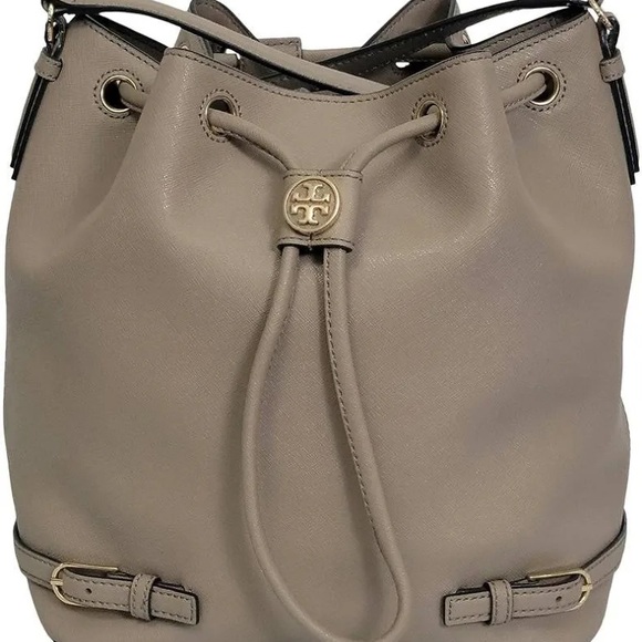 Tory Burch Handbags - Tory Burch Taupe Leather Drawstring Bucket Shoulder Bag